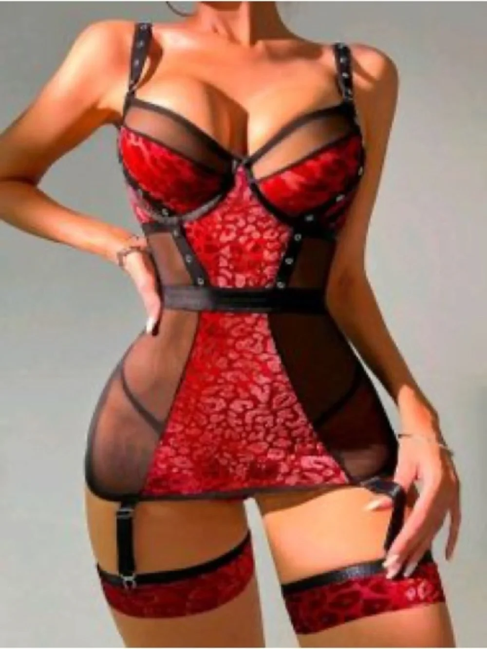 Red Leopard Print Bustier Chemise Lingerie with Matching Garter Set